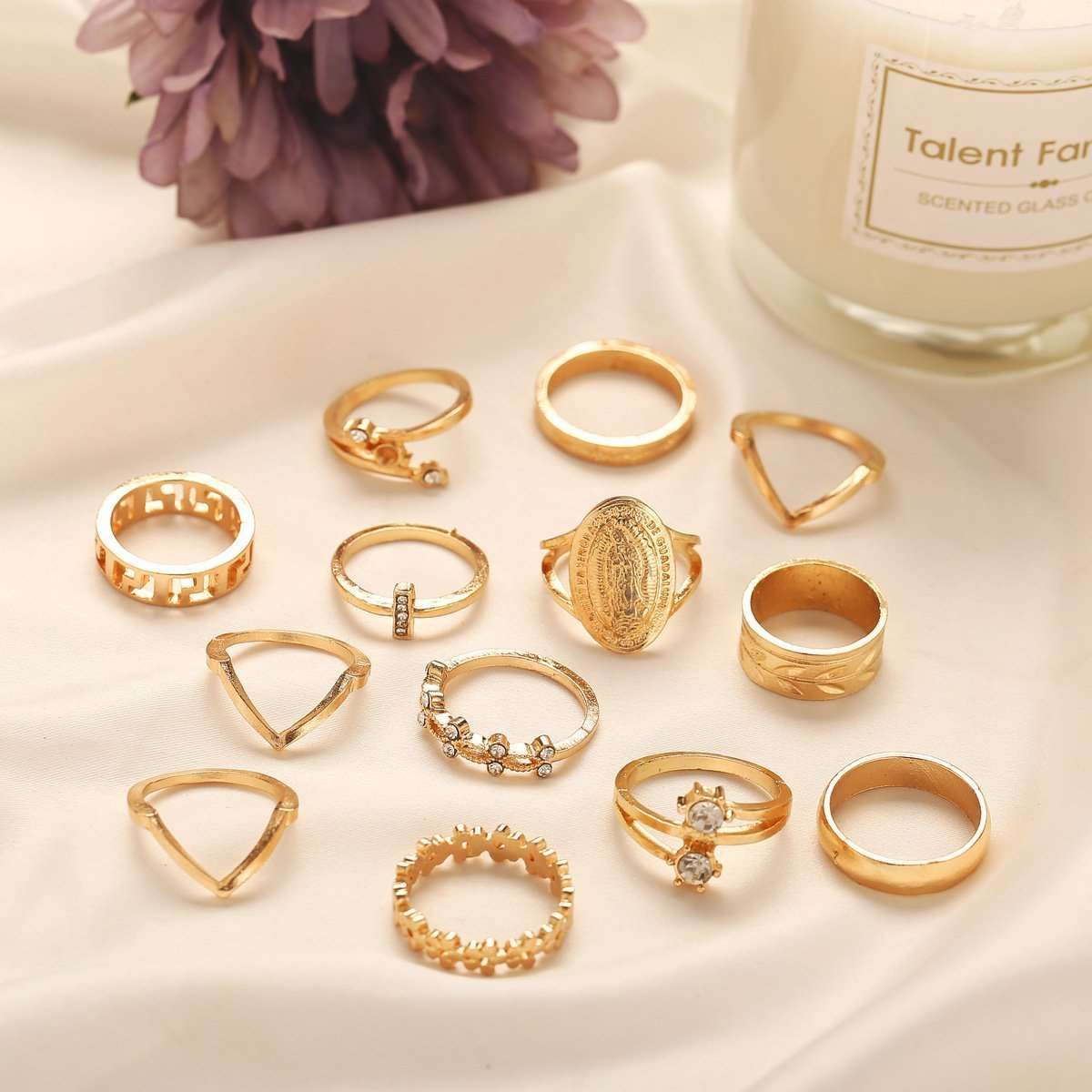 13 Piece Medallion Ring Set With Austrian Crystals 18K Gold Plated Ring ITALY Design - Qobeyhub